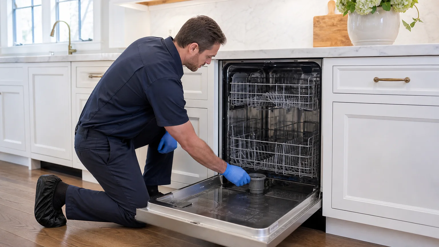 Panel-ready dishwasher prepared for a professional diagnostic visit